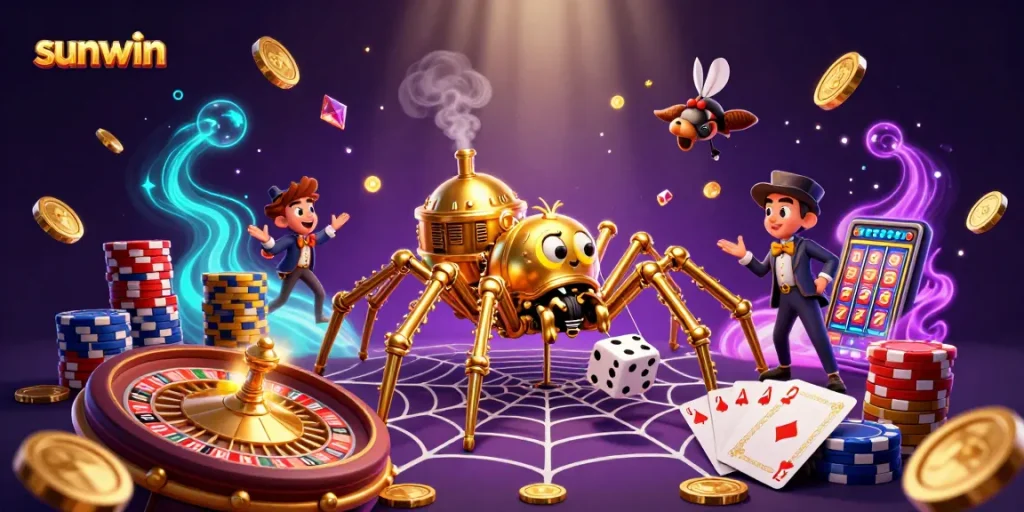 Win big with sunwin's vibrant 3D scene showcasing steampunk elements and classic casino games.