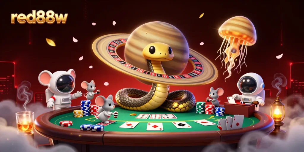 Engage in thrilling betting with red88w at a cosmic casino scene featuring vibrant characters and rich gaming elements.