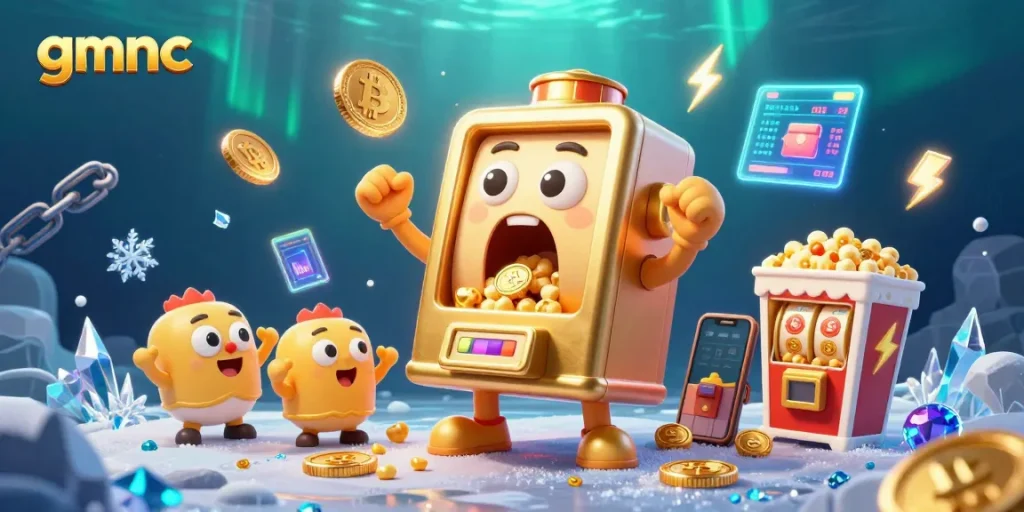 gmnc slot machine hitting jackpot showered with coins, surrounded by cheering smaller machines and crypto elements