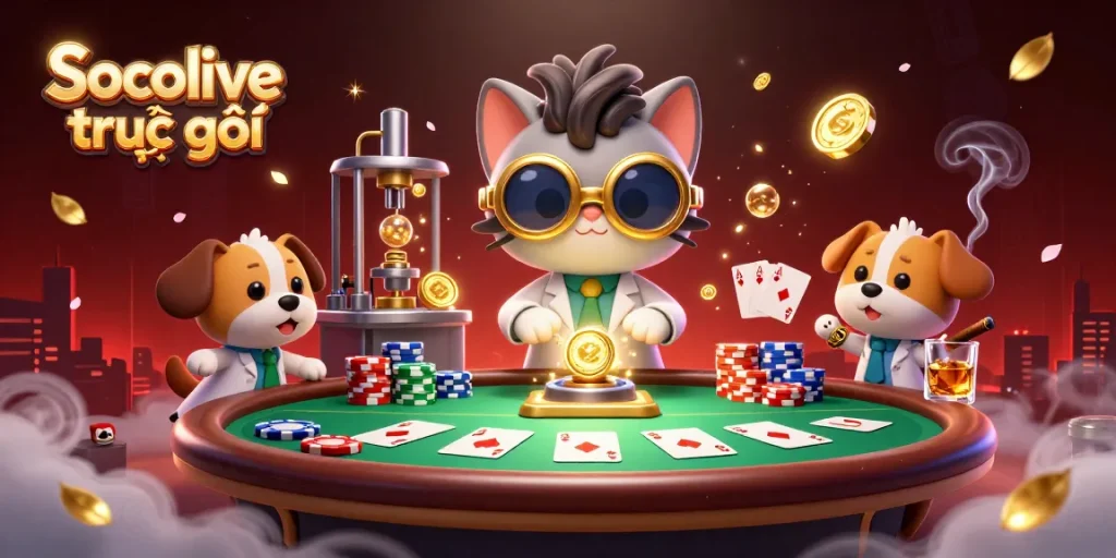 Socolive trực tiếp showcases a cartoon scientist cat and dog in a vibrant casino scene, featuring poker tables and chips.