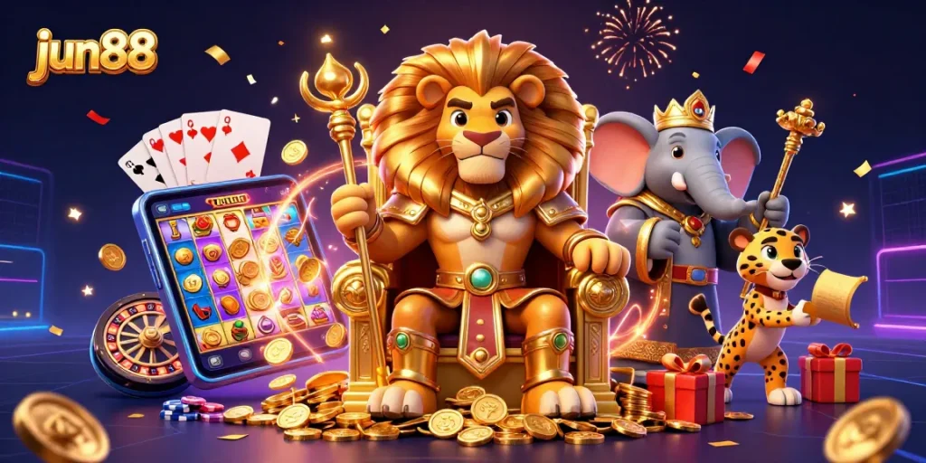 Experience rich gaming excitement with jun88's vibrant royal-themed casino illustration.