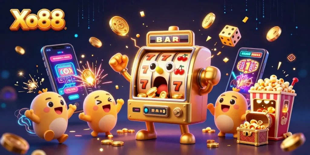 Experience the excitement of winning at Xo88 with a lively slot machine scene bursting with coins and fun!
