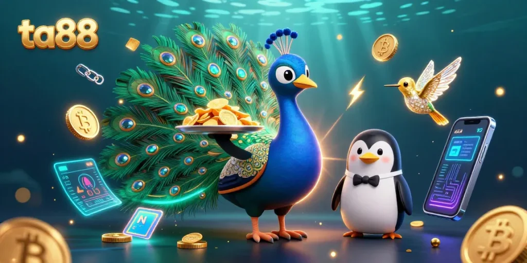 Experience the excitement of ta88 with vibrant casino characters and crypto symbols in a dazzling 3D scene.