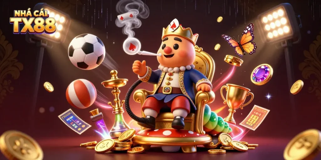 Experience the thrill of NHÀ CÁI TX88 with a vibrant illustration of a whimsical caterpillar hookah-master surrounded by dynamic sports elements.