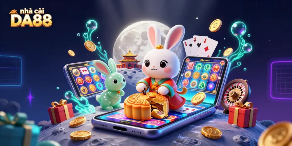 Engage with nhà cái DA88 in this vibrant 3D casino scene featuring a moon rabbit and dynamic gaming elements.