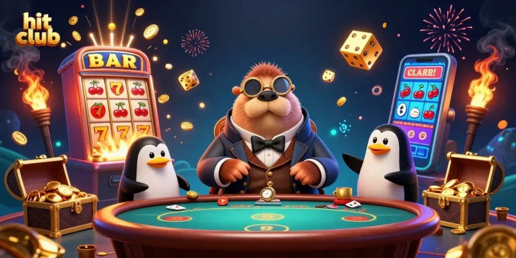Engage with the excitement of hit club gaming as a walrus, penguin dealer, and pufferfish play cards.