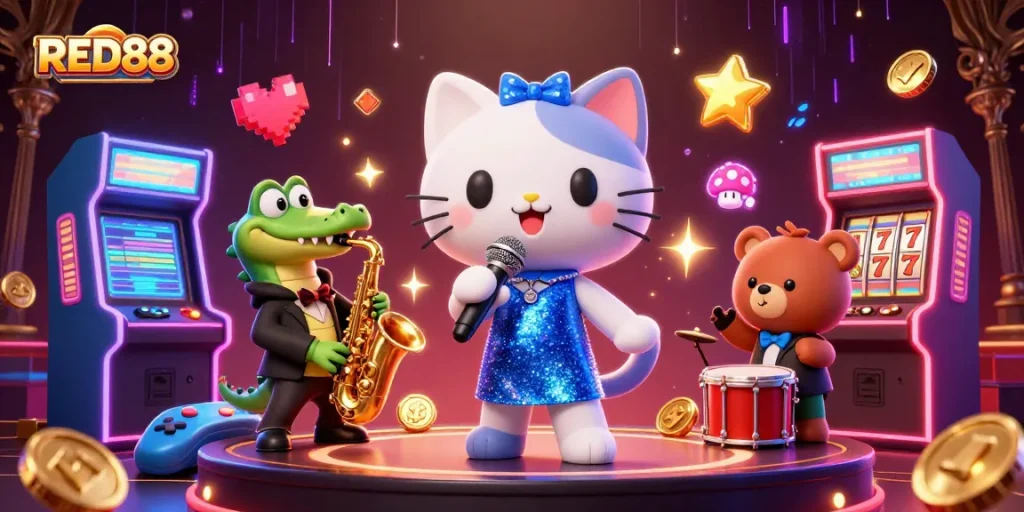 Experience excitement at RED88 with a jazzy cat singer and vibrant casino elements.