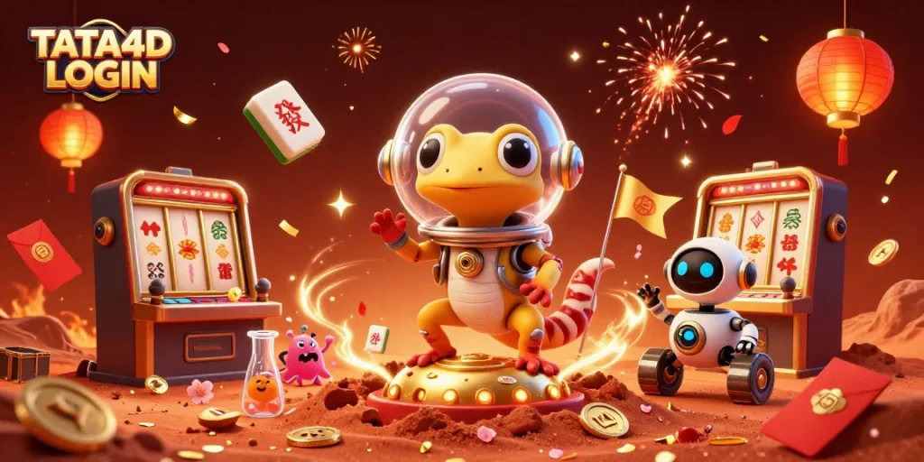 TATA4D LOGIN showcases a lively Martian gecko at a golden casino amidst festive gaming elements.