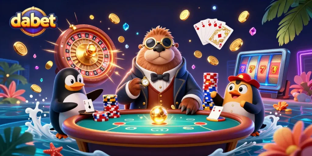 Engage with dabet at an underwater poker scene featuring a walrus, penguin dealer, and pufferfish bluffing.