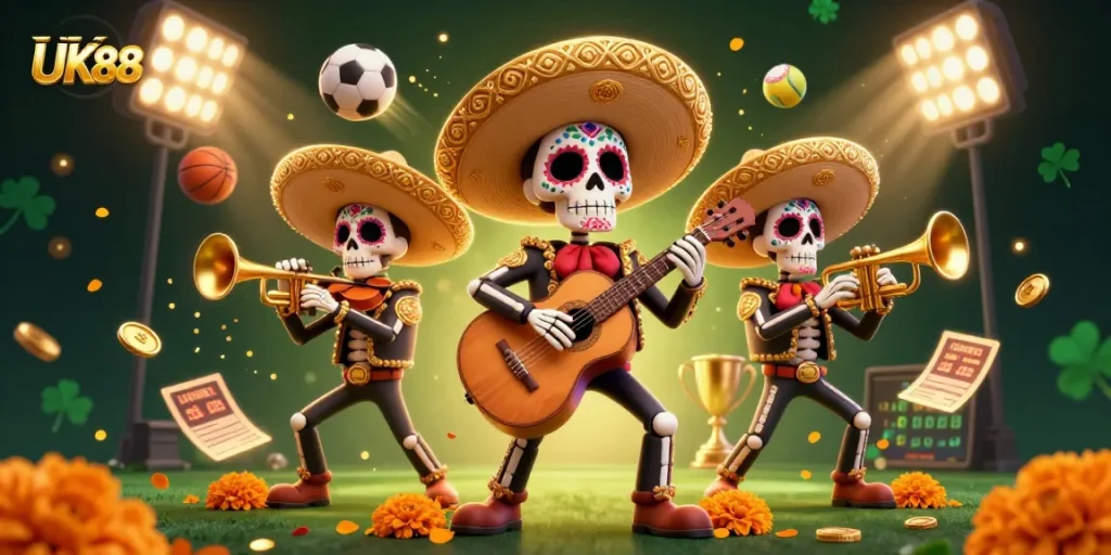Experience UK88's vibrant sports betting scene alongside a lively mariachi band illustrating the thrill of gambling.